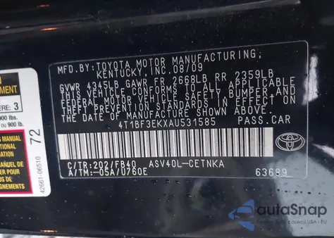 2010 Toyota Camry Le из США, поврежденный, VIN 4T1BF3EKXAU531585